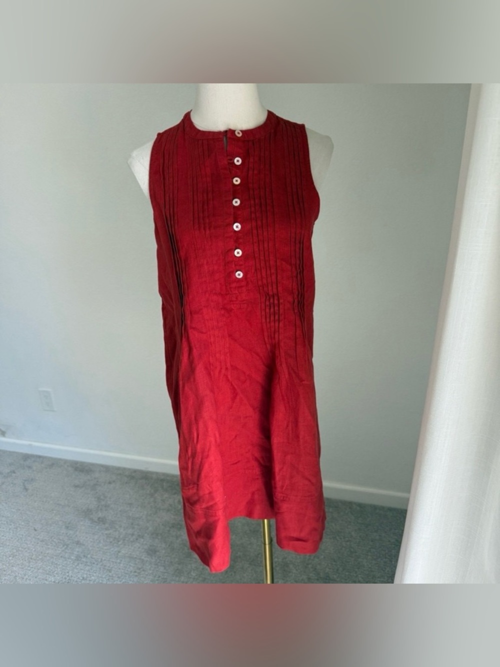Quince 100% European Linen Sleeveless Swing Dress Chile Red XS Pintuck Pleated